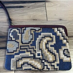 Patricia Nash Tapestry Fabric Wristlet Clutch Purse Leather Trim Zip Closure